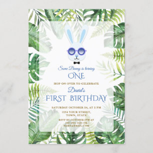 Cute Bunny Tropical Greenery Boy 1st Birthday Inbjudningar
