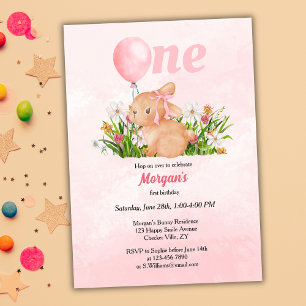 Cute Bunny Turns One Rosa Girls 1:a födelsedag Inbjudningar