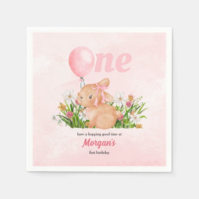 Cute Bunny Turns One Rosa Girls 1:a födelsedag Pappersservett (Framsidan)