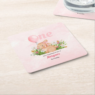 Cute Bunny Turns One Rosa Girls 1:a födelsedag Underlägg Papper Kvadrat