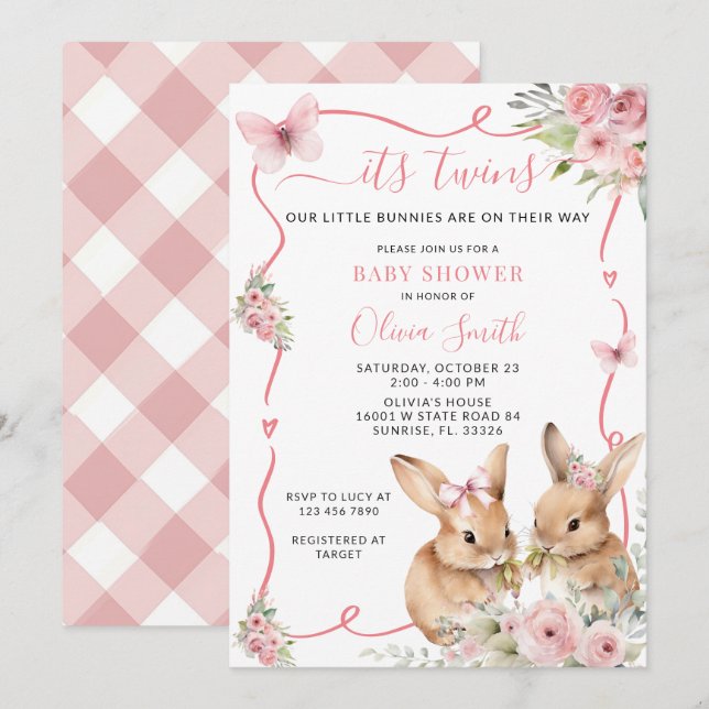 Cute Bunny Twillingars Baby Shower Girl-inbjudan Inbjudningar (Fram/baksida)