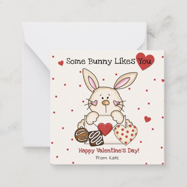 Cute Bunny Valentine Day Card-för barn Anteckningskort (Framsida)