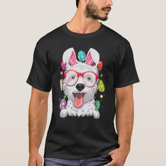 Cute Bunny Westie Dog Face Easter Eggs Easter Day T Shirt (Framsida)
