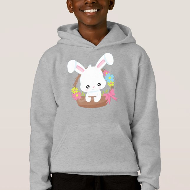 Cute Bunny, White Bunny, Rabbit, Basket, Flowers T Shirt (Framsida)