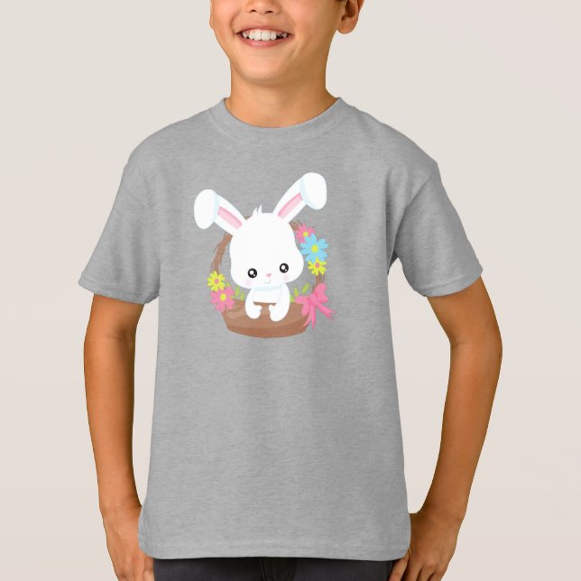 Cute Bunny, White Bunny, Rabbit, Basket, Flowers T Shirt (Framsida)