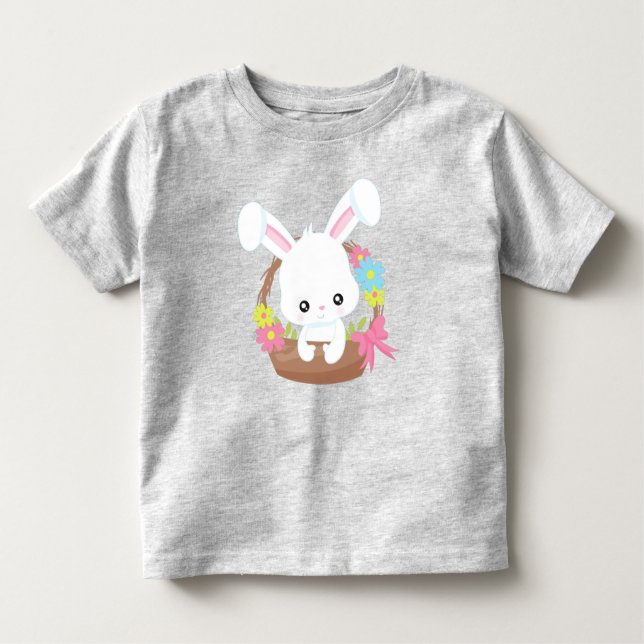 Cute Bunny, White Bunny, Rabbit, Basket, Flowers T Shirt (Framsida)
