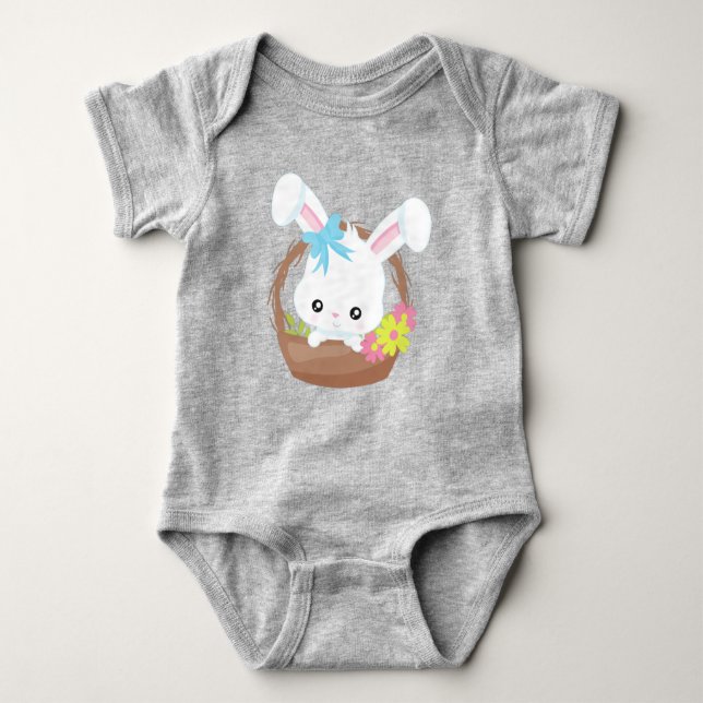 Cute Bunny, White Bunny, Rabbit, Flowers, Basket T Shirt (Framsida)
