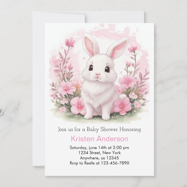 Cute Bunny Wildblommes Rosa Baby Shower Inbjudningar (Framsida)