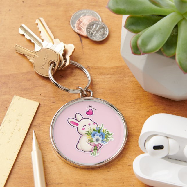 Cute Bunny with Bouquet –  Rund Silverfärgad Nyckelring (Skrivbord)