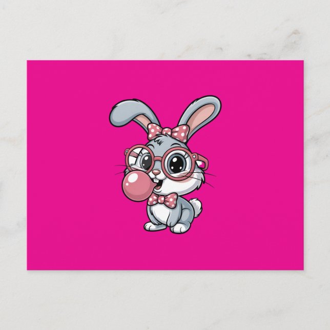 Cute Bunny with Glasses Blowing Bubble Gum Inbjudan Vykort (Framsida)