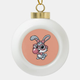 Cute Bunny with Glasses Blowing Bubble Gum Julgranskula Keramik