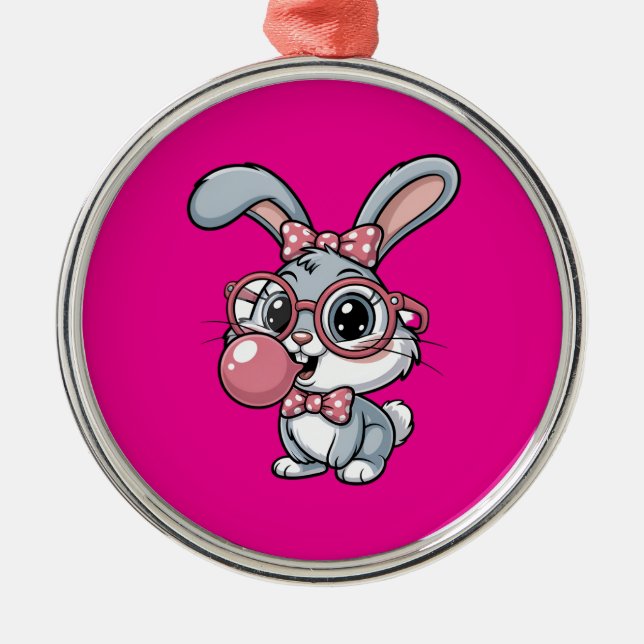 Cute Bunny with Glasses Blowing Bubble Gum Julgransprydnad Metall (Framsidan)