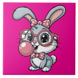 Cute Bunny with Glasses Blowing Bubble Gum Kakelplatta