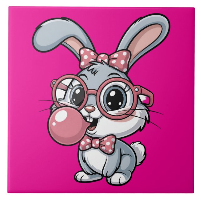Cute Bunny with Glasses Blowing Bubble Gum Kakelplatta (Framsidan)