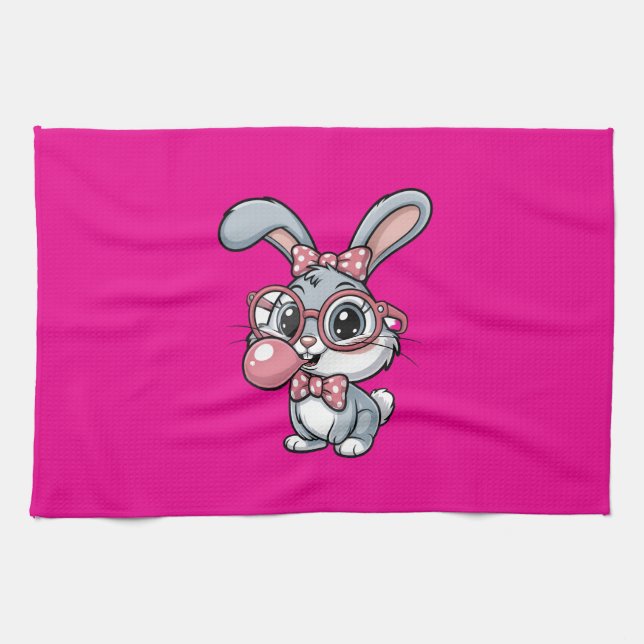 Cute Bunny with Glasses Blowing Bubble Gum Kökshandduk (Horisontell)