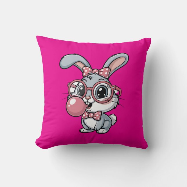 Cute Bunny with Glasses Blowing Bubble Gum Kudde (Framsida)