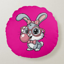 Cute Bunny with Glasses Blowing Bubble Gum Rund Kudde