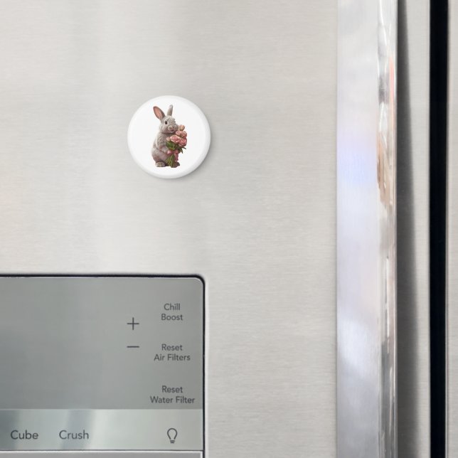  “Cute Bunny with Pink Roses” Adorable Art Design Magnet (In Situ (Fridge))