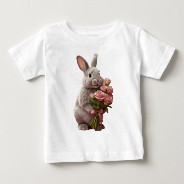  “Cute Bunny with Pink Roses” Adorable Art Design T Shirt (Framsida)
