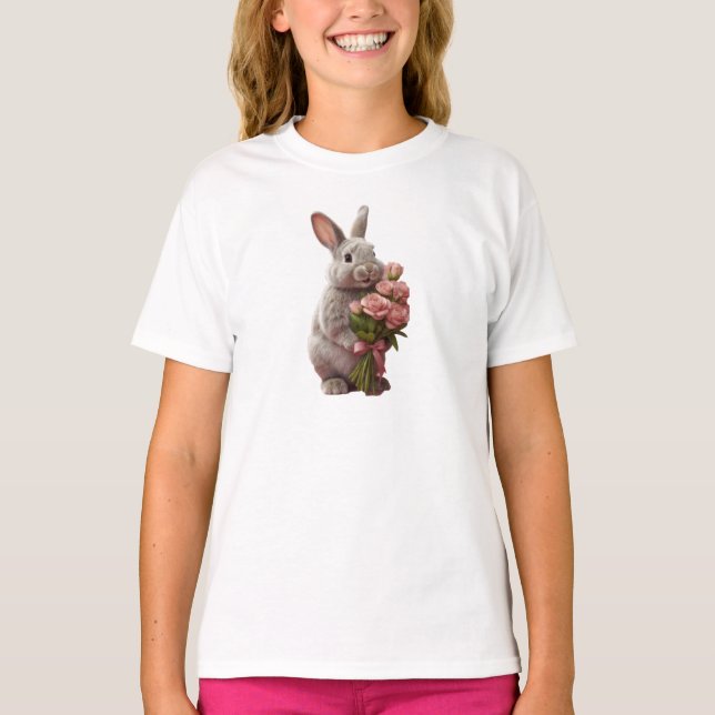  “Cute Bunny with Pink Roses” Adorable Art Design T Shirt (Framsida)