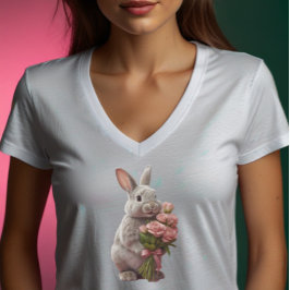  “Cute Bunny with Pink Roses” Adorable Art Design T Shirt