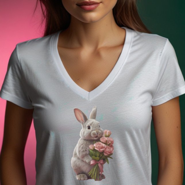  “Cute Bunny with Pink Roses” Adorable Art Design T Shirt (Skapare uppladdad)