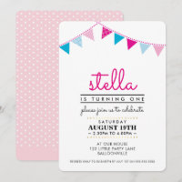 CUTE BUNT 1:A födelsedag party INBJUDAN rosa blue