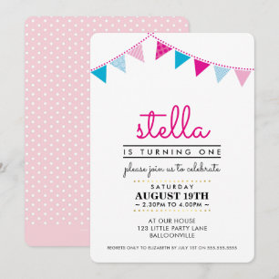 CUTE BUNT 1:A födelsedag party INBJUDAN rosa blue