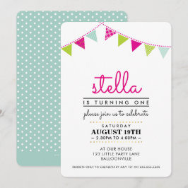 CUTE BUNT 1:A födelsedag party INBJUDAN rosa Mut