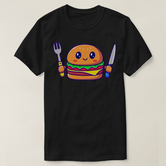 Cute Burger Holding Knivar och Fork T Shirt (Design framsida)