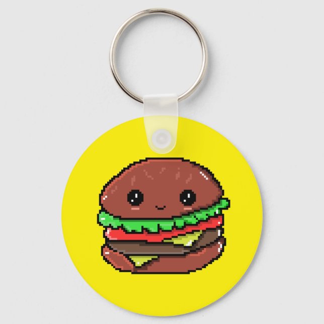 Cute Burger Kawaii 8-bitars gult Nyckelring (Framsida)
