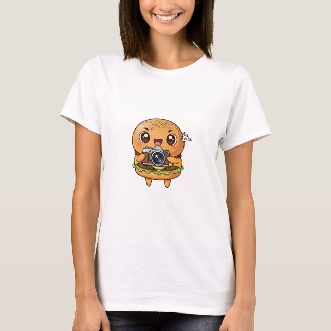 Cute Burger Photographer Cartoon with Retro Camera T Shirt (Framsida)
