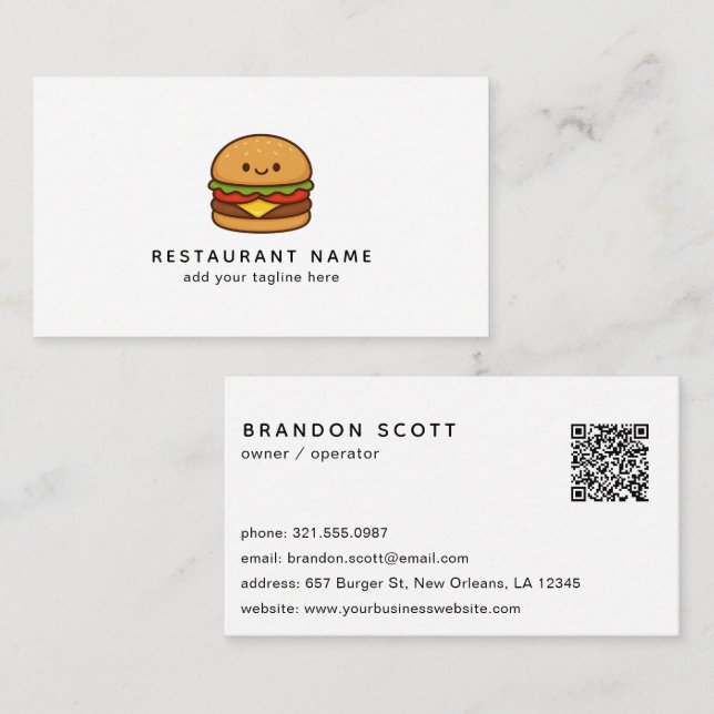 Cute Burger QR-kod Restaurang Visitkort (Fram/baksida)