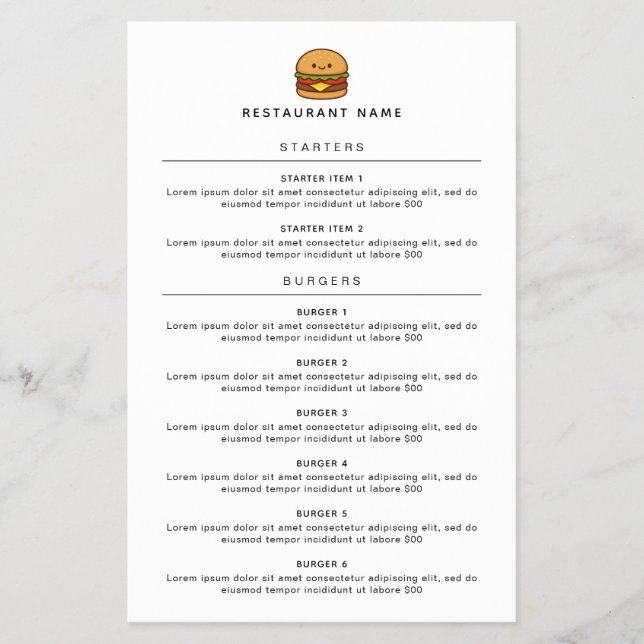 Cute Burger Restaurang Meny (Framsidan)