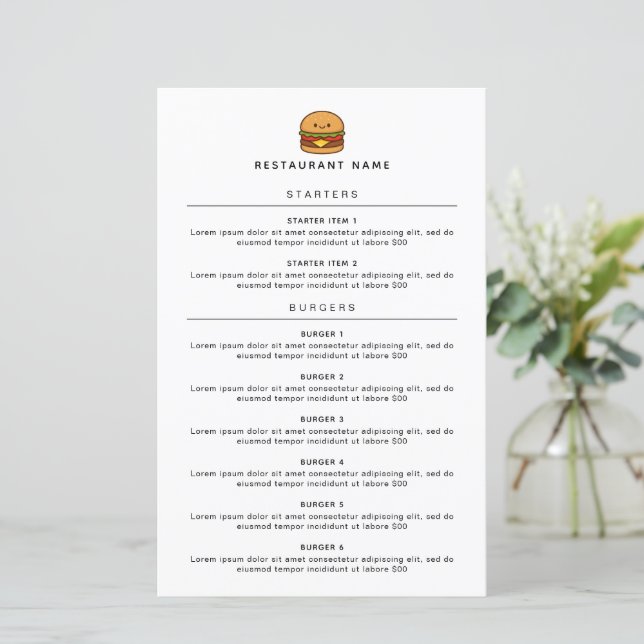 Cute Burger Restaurang Meny (Stående Fram)
