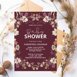 Cute Burgundy Boho Wildblomma Modern Baby Shower Inbjudningar