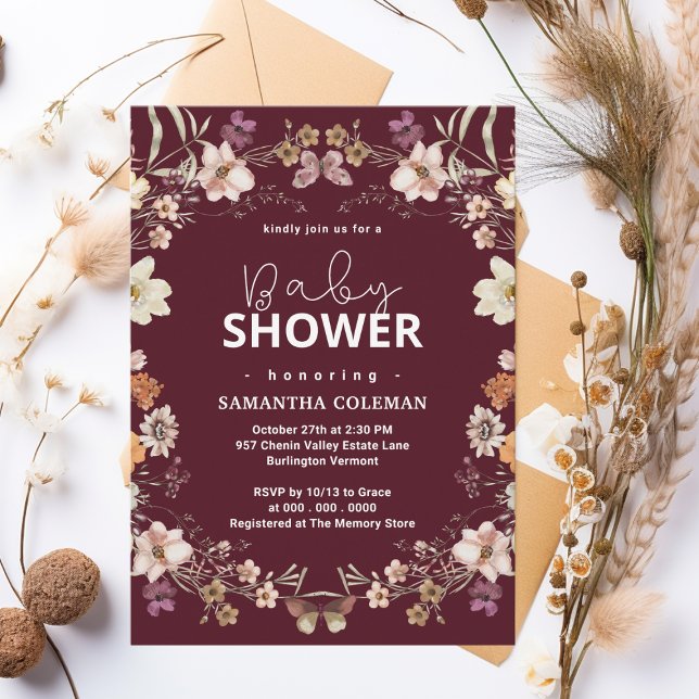 Cute Burgundy Boho Wildblomma Modern Baby Shower Inbjudningar (Skapare uppladdad)