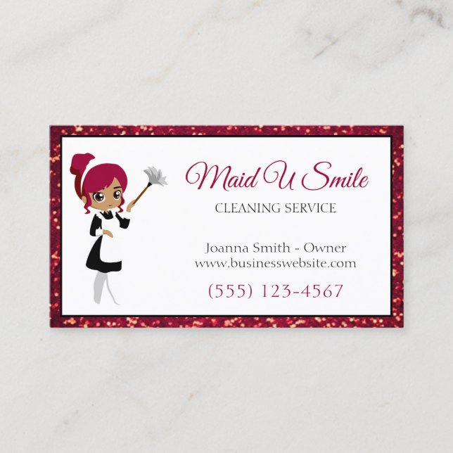 Cute Burgundy Glitter Städning Maid Service Visitkort (Framsida)