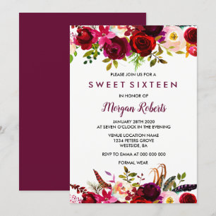 Cute Burgundy Red Blommigt Sweet 16 Party Inbjudan