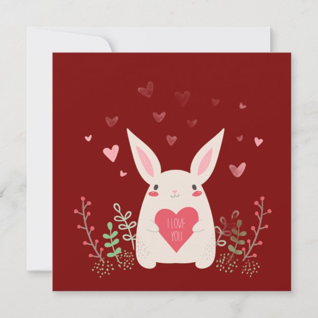 Cute Burgundy Valentine Day Bunny Julkort (Framsida)