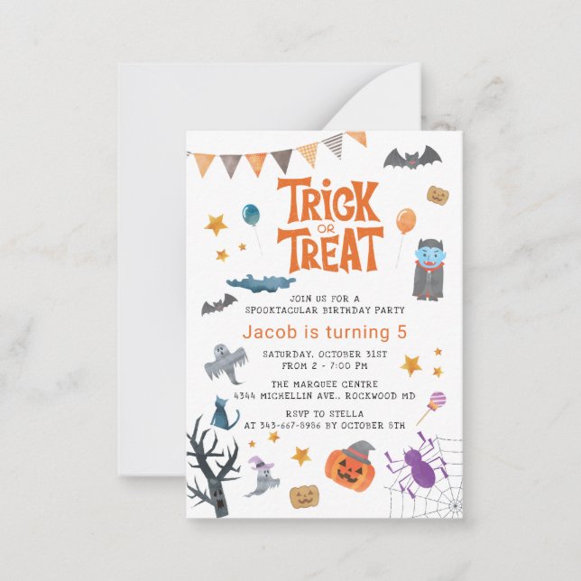 Cute Bus eller godis Halloween 5 femte Födelsedags Anteckningskort (Framsida)