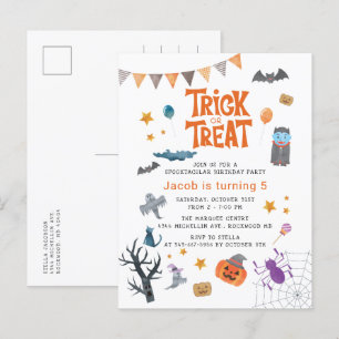 Cute Bus eller godis Halloween 5 femte Födelsedags Inbjudan Vykort