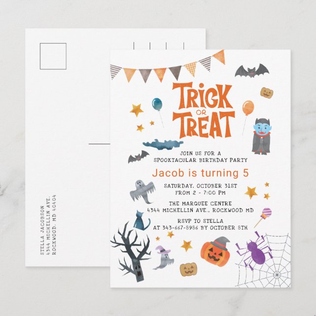 Cute Bus eller godis Halloween 5 femte Födelsedags Inbjudan Vykort (Fram/baksida)