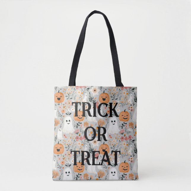 Cute Bus eller godis Halloween Tote Bag Tygkasse (Framsida)