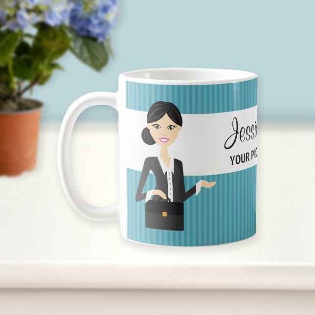 Cute Business Woman Illustration med svart hår Kaffemugg (Skapare uppladdad)