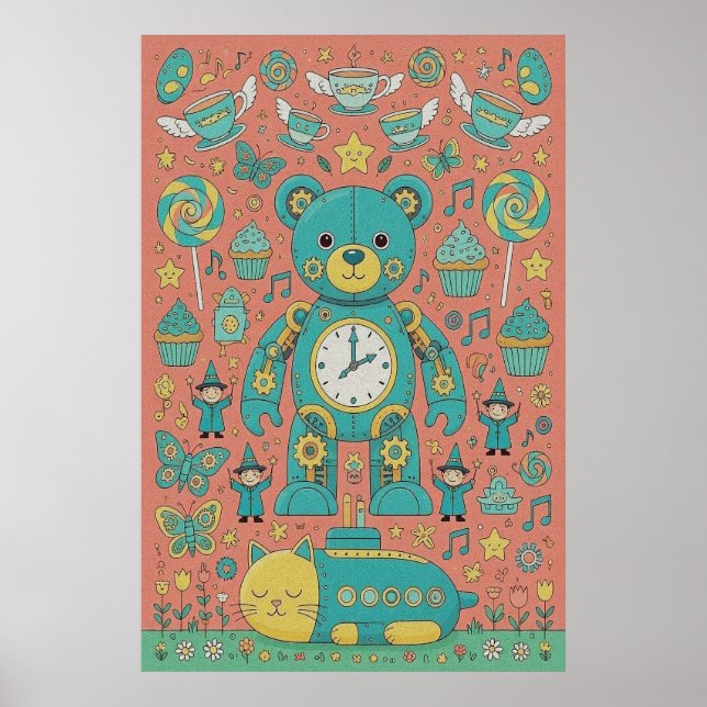 Cute Busy Teddy Bear Illustration  Poster (Framsidan)