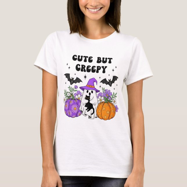 Cute but Creepy - Ghost med Black Cat, Pumpkins T Shirt (Framsida)