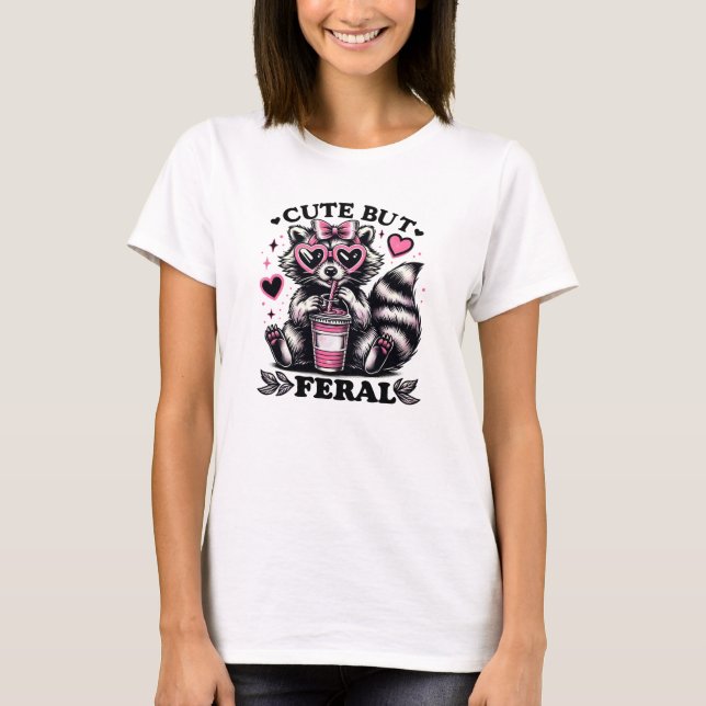 Cute but Feral Raccoon Pink Glasses T Shirt (Framsida)