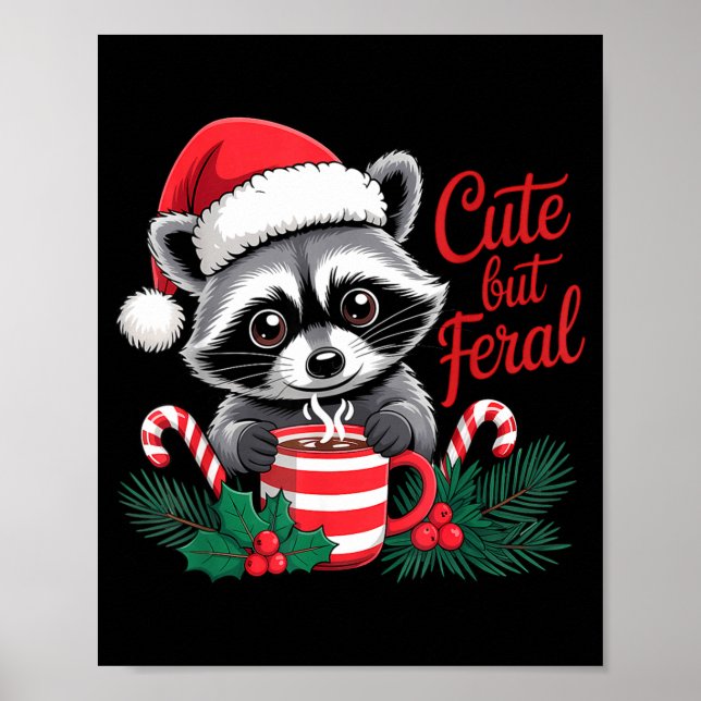 Cute But Feral Raccoon With Santa Hat Xmas Cute Ch Poster (Framsidan)
