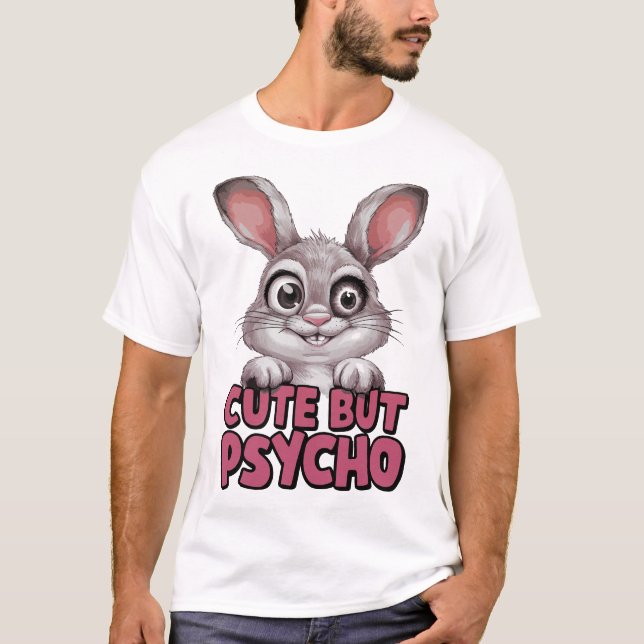 Cute but Psycho - Lustigt Crazy Bunny T Shirt (Framsida)